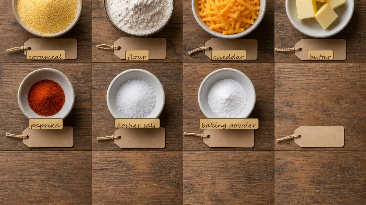 All ingredients for Corn Cheddar Cracker Buttons, labeled