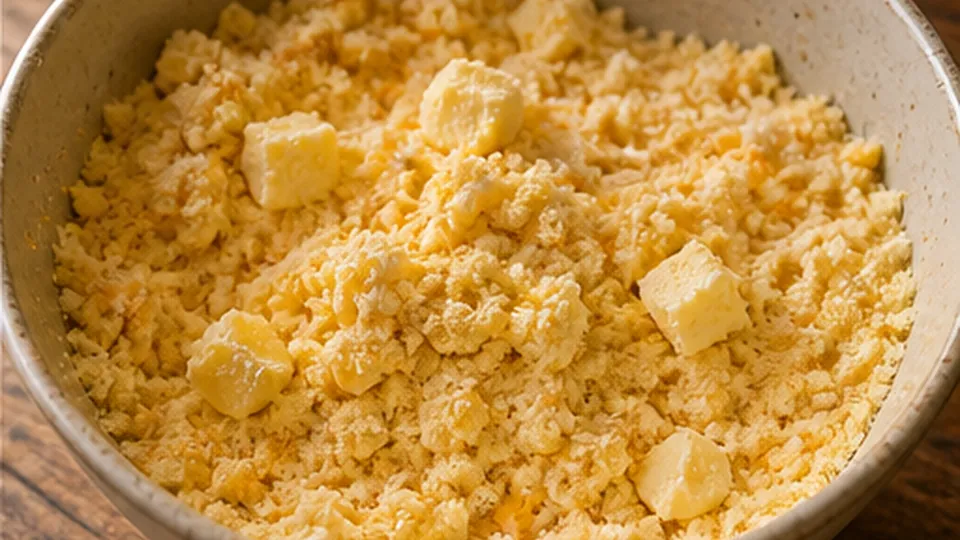 Cut in butter and cheese for Corn Cheddar Cracker Buttons