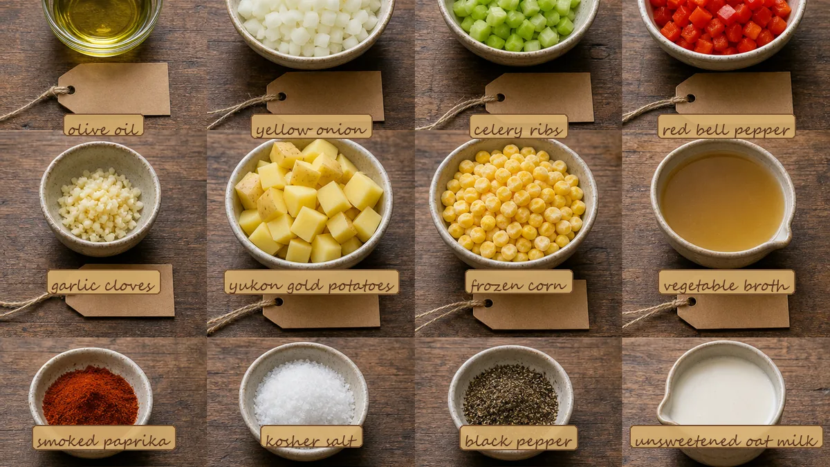 All ingredients for Corn Potato Chowder, labeled