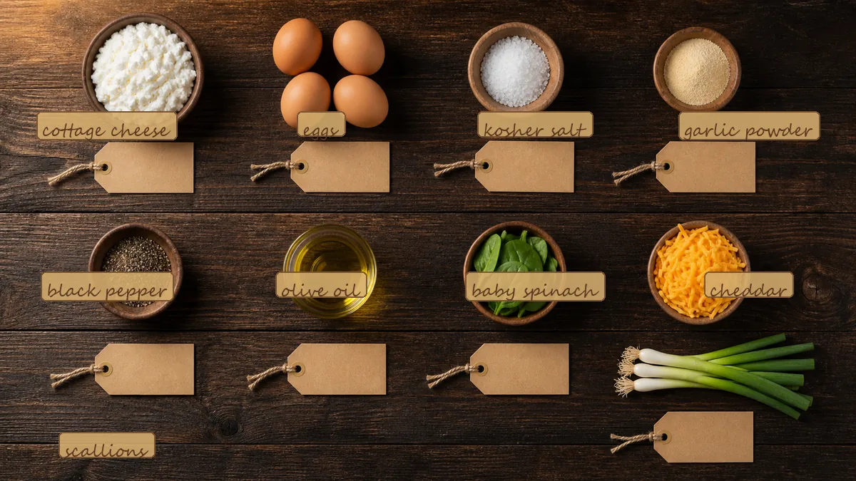 All ingredients for Cottage Cheese Breakfast Flatbread with Eggs, labeled