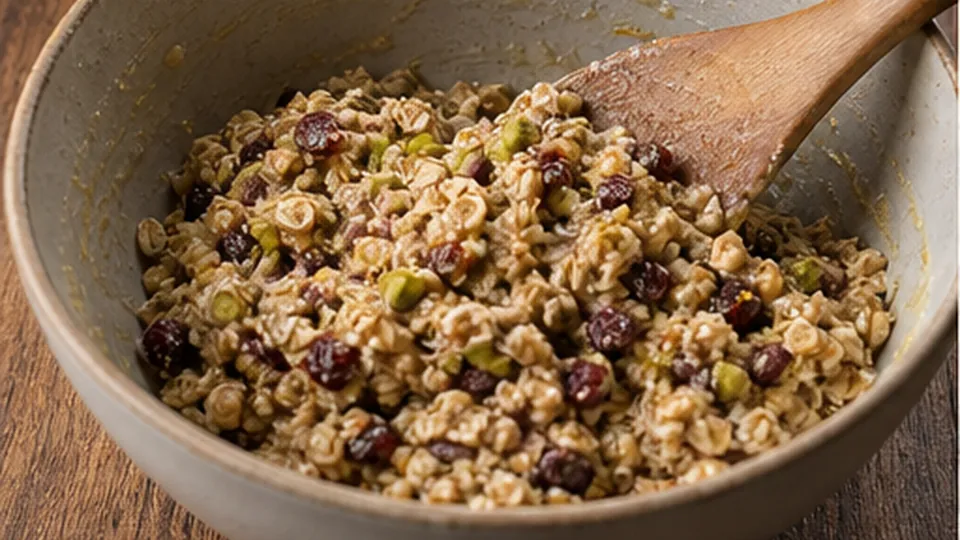 Fold in oats and fruit for Cranberry Pistachio Milk Slice