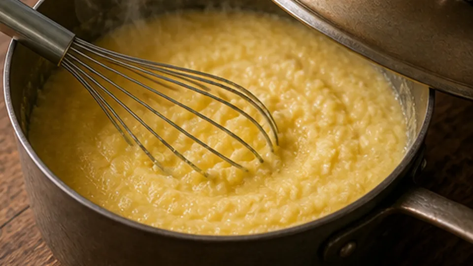 Whisk in the polenta for Creamy Polenta with Fresh Corn