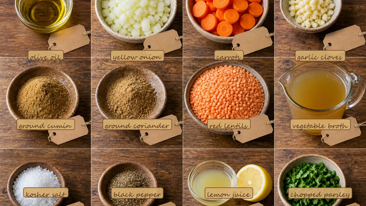 All ingredients for Creamy Red Lentil Carrot Soup, labeled