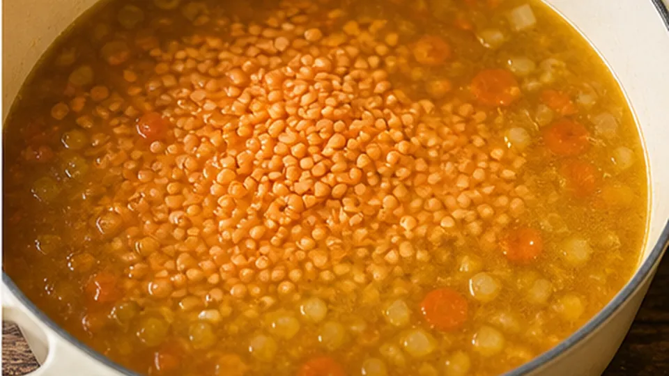 Add lentils and broth for Creamy Red Lentil Carrot Soup