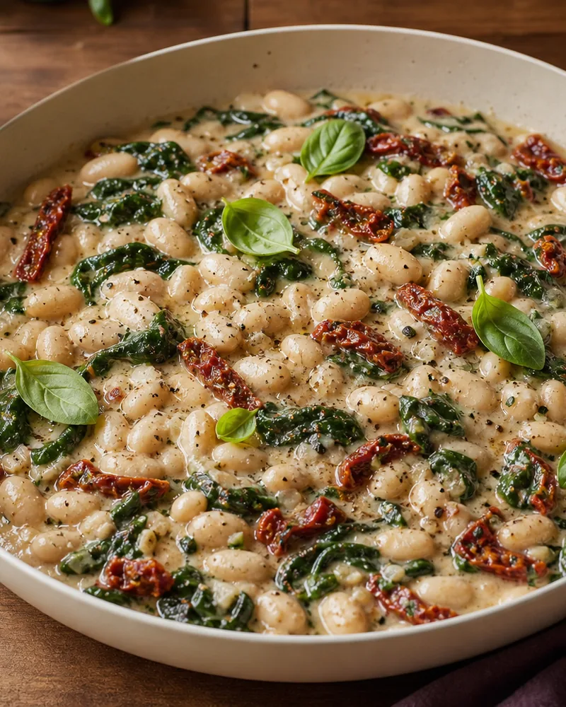 Creamy white beans with spinach and sun-dried tomatoes in a skillet
