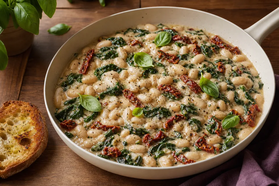 Creamy cannellini beans with spinach, sun-dried tomatoes, Parmesan, black pepper, and basil