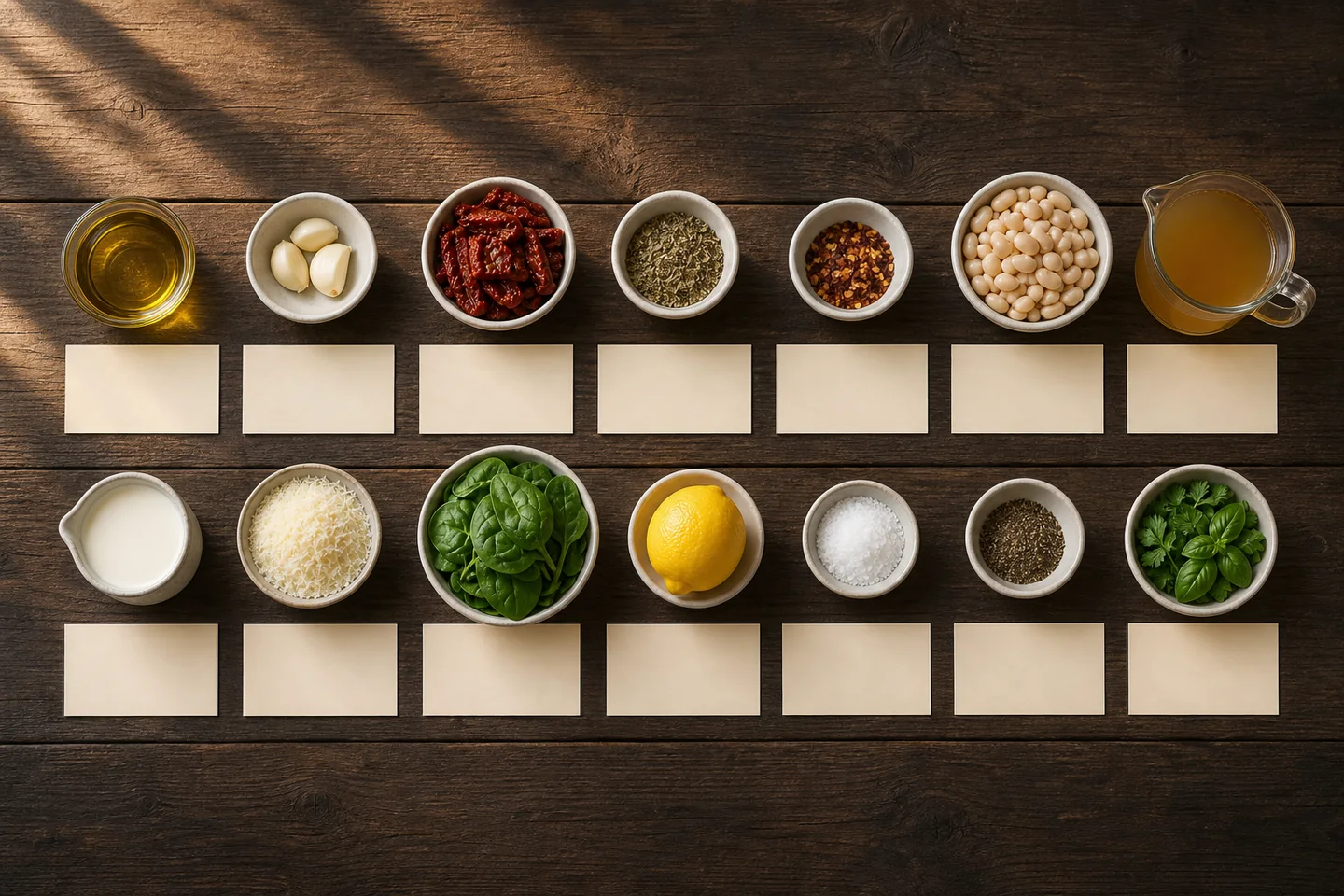 Fourteen ingredients for creamy Tuscan white bean skillet arranged on dark wood with labeled amount cards