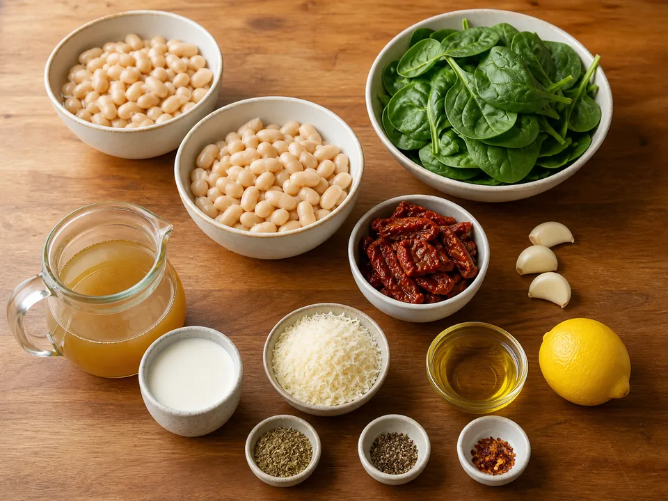 White beans, spinach, sun-dried tomatoes, garlic, broth, cream, Parmesan, lemon, olive oil, and seasonings