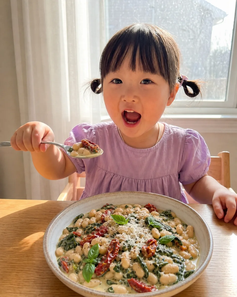 AI-generated lifestyle scene of a child beside creamy white beans with spinach and sun-dried tomatoes