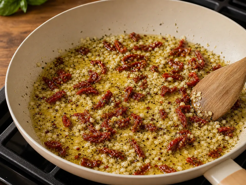 Pale chopped garlic, sun-dried tomatoes, herbs, and pepper flakes warming in olive oil