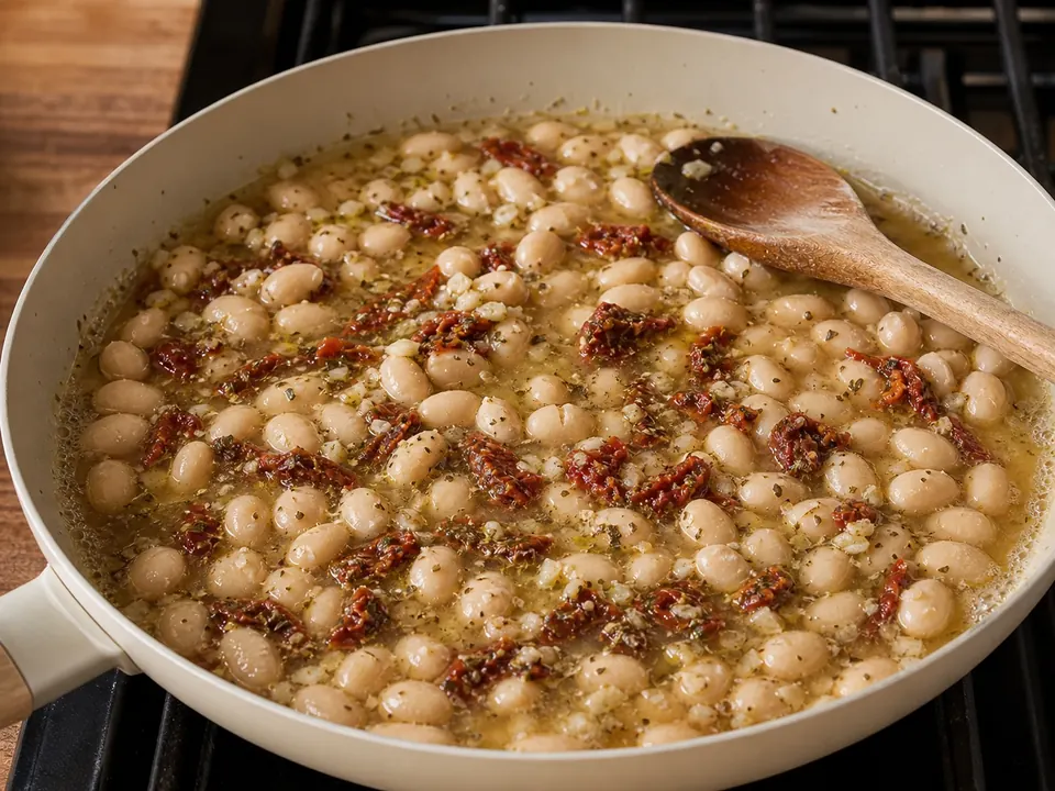 Cannellini beans and sun-dried tomatoes gently simmering in vegetable broth