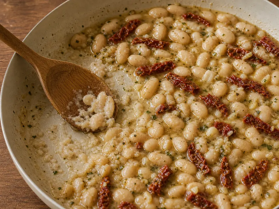 A wooden spoon mashing a small portion of white beans against the skillet