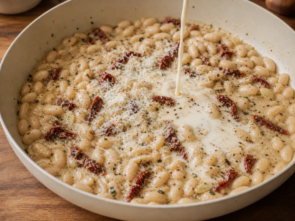 Cream and grated Parmesan being added to the white bean skillet