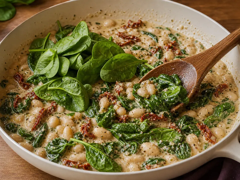 Fresh baby spinach being folded into creamy white beans
