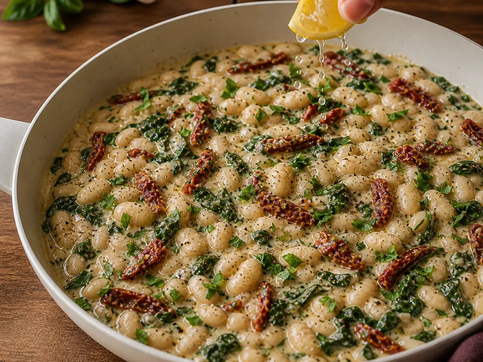 Lemon juice being squeezed over the finished creamy white bean skillet