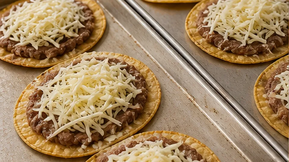 Top shells with cheese for Crispy Bean Tostada Bake