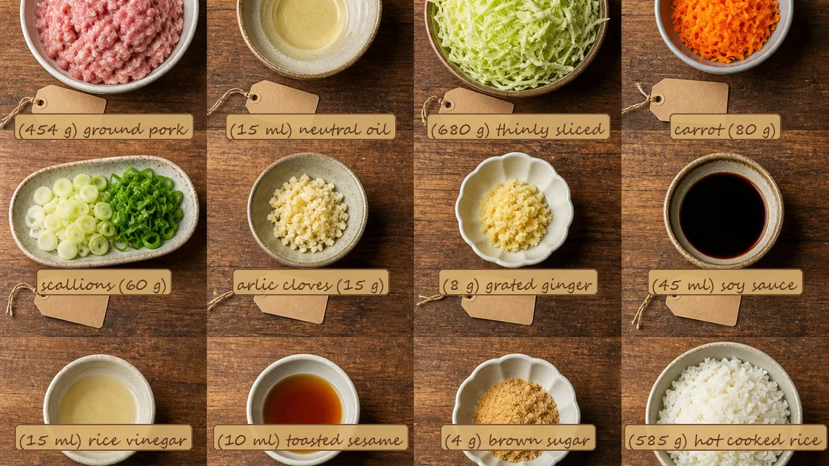 All ingredients for Crispy Cabbage Dumpling Bowls, labeled