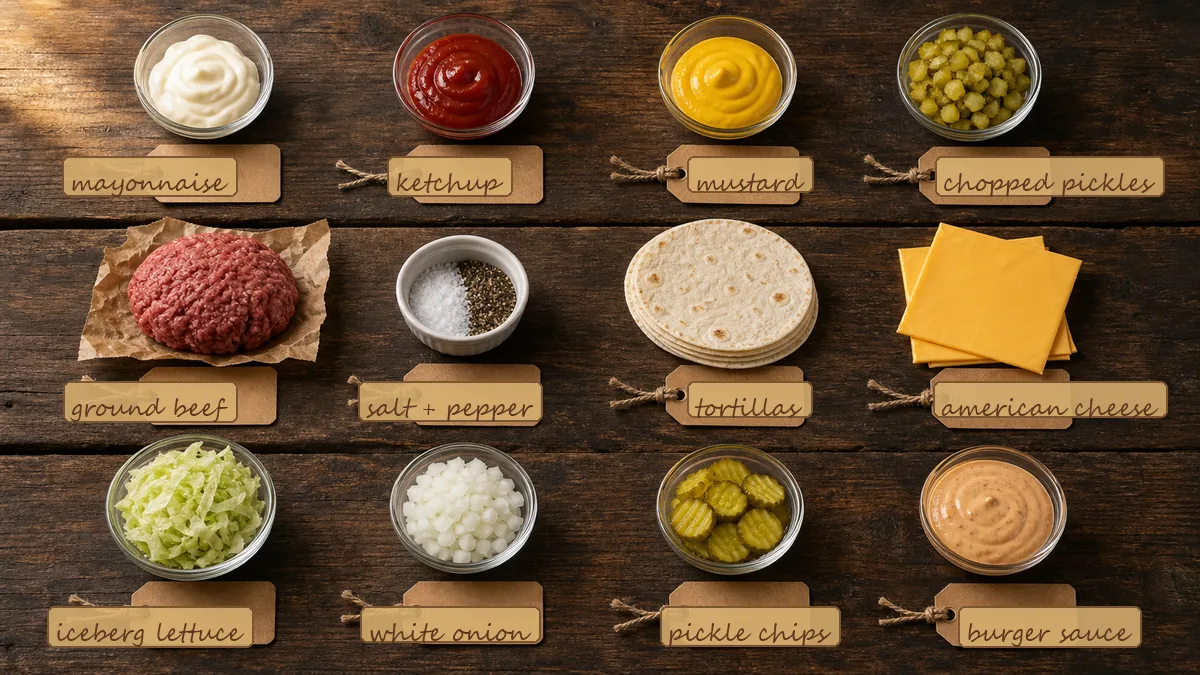 All ingredients for Crispy Smash Burger Tacos with Tangy Burger Sauce, labeled