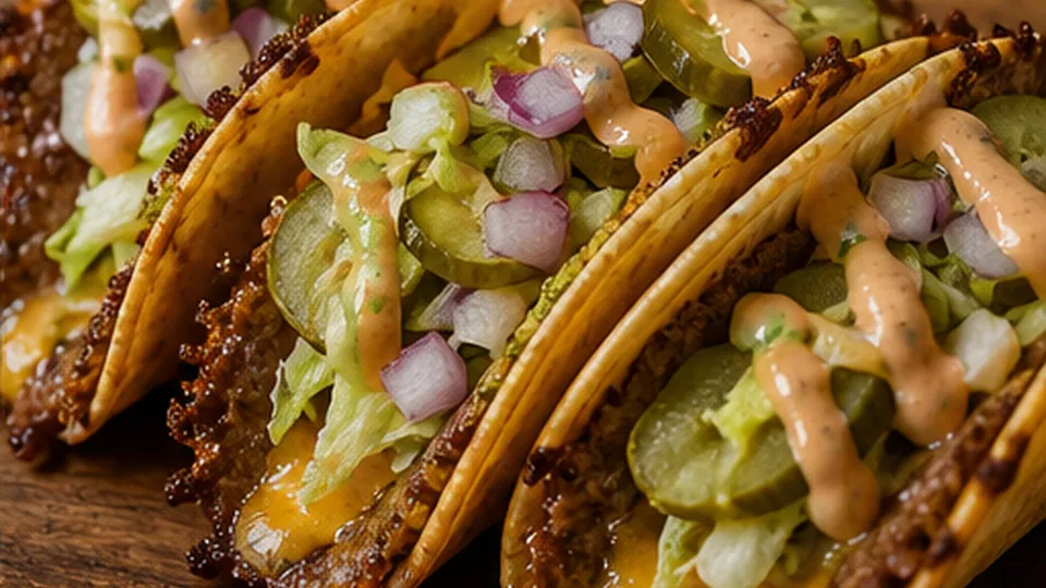 Top, fold, and serve for Crispy Smash Burger Tacos with Tangy Burger Sauce