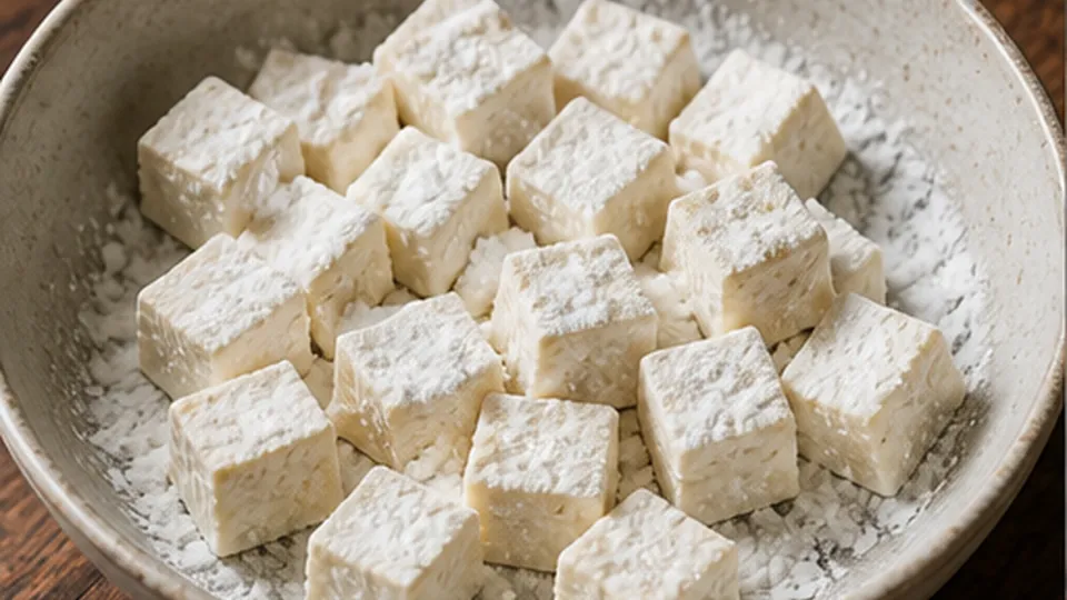 Press and dust the tofu for Crispy Tofu with Orange Sauce
