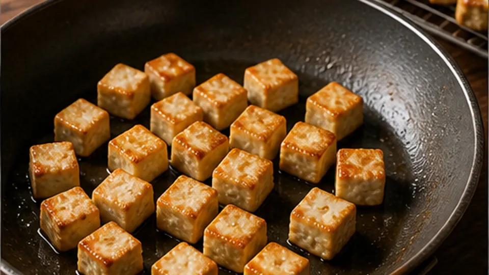 Sear until golden and crisp for Crispy Tofu with Orange Sauce