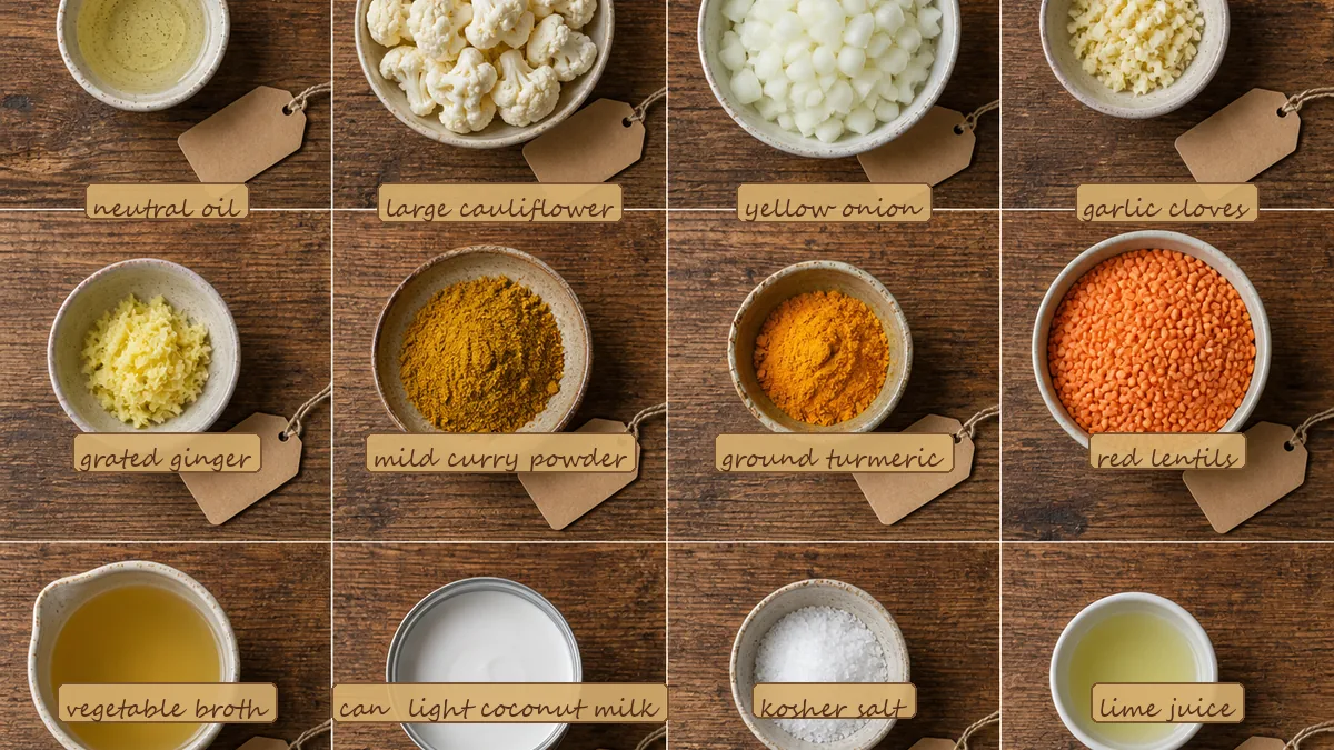 All ingredients for Curried Cauliflower Lentil Soup, labeled
