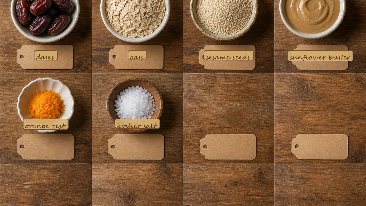 All ingredients for Date Orange Sesame Fridge Bars, labeled