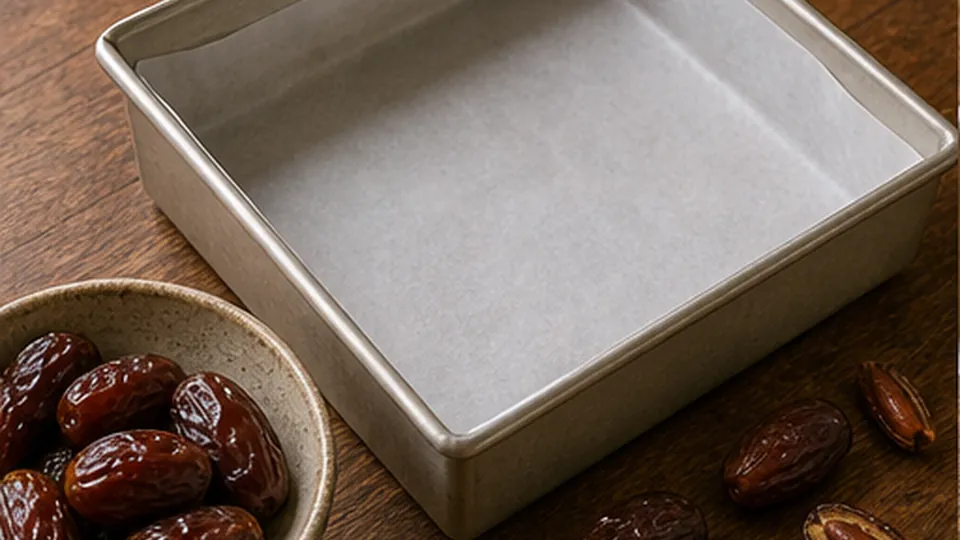 Line the pan and pit dates for Date Orange Sesame Fridge Bars