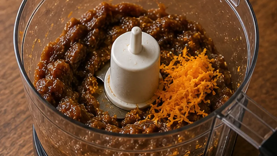 Blend a sticky date paste for Date Orange Sesame Fridge Bars