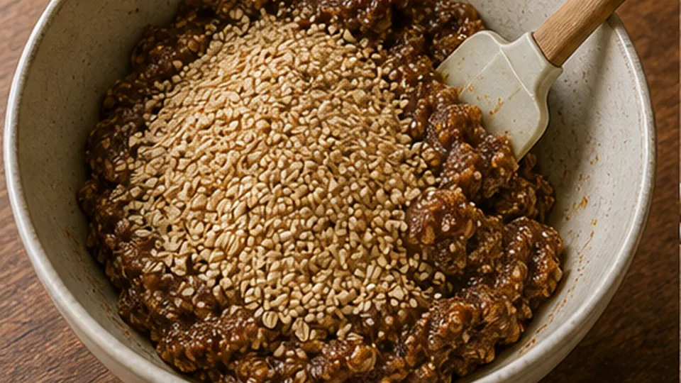 Work in oats and sesame for Date Orange Sesame Fridge Bars