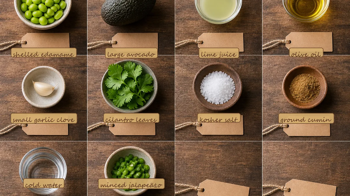 All ingredients for Edamame Avocado Dip, labeled