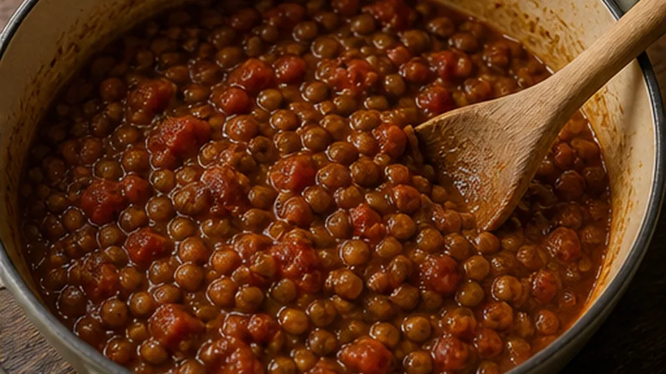Simmer the lentil sauce for Eggplant Lentil Moussaka