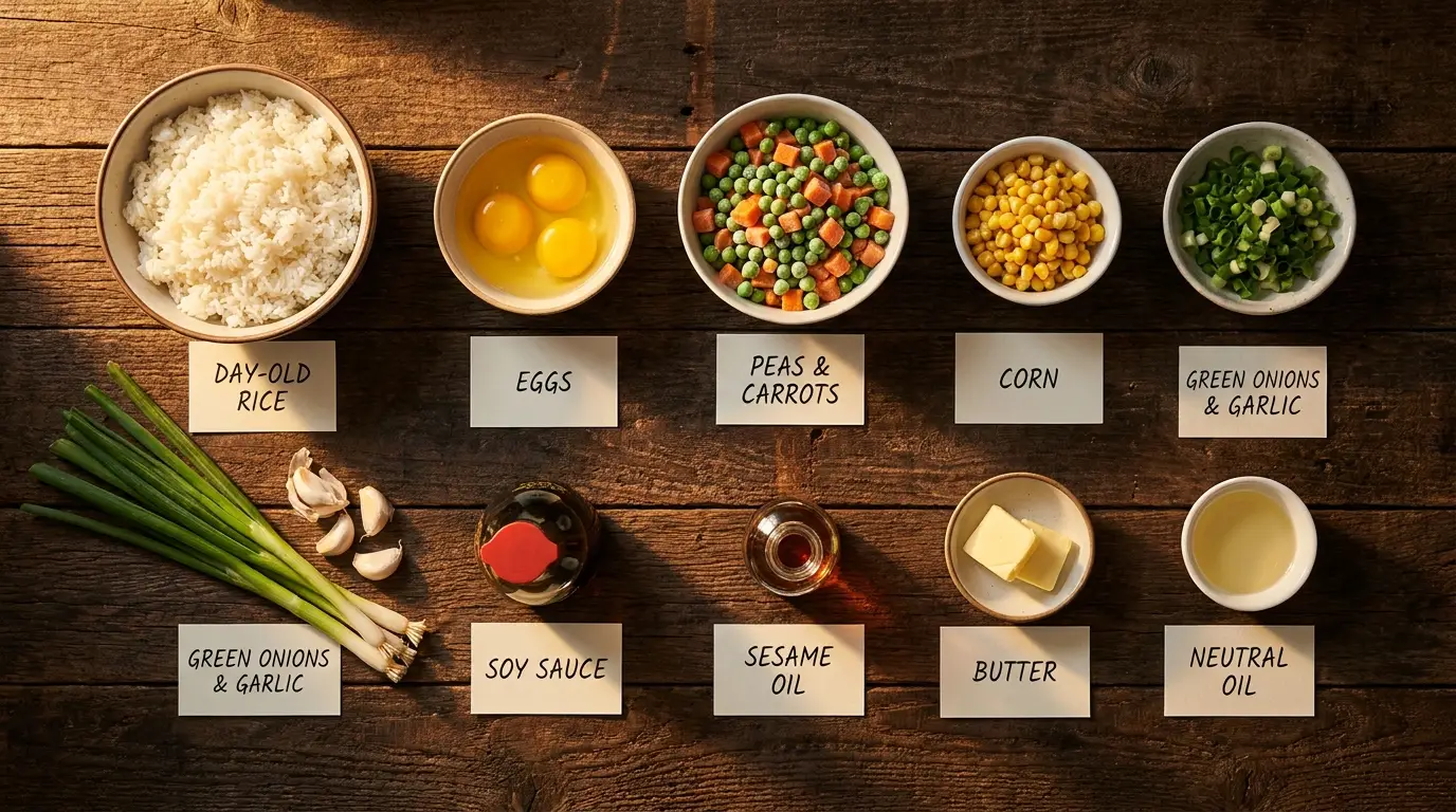 All ingredients for Family Fried Rice Friday, labeled