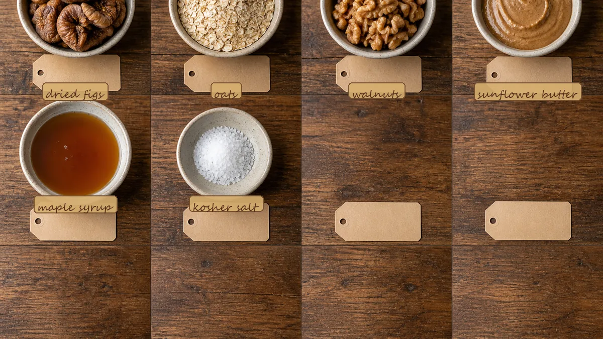All ingredients for Fig Walnut Oat Fridge Bars, labeled