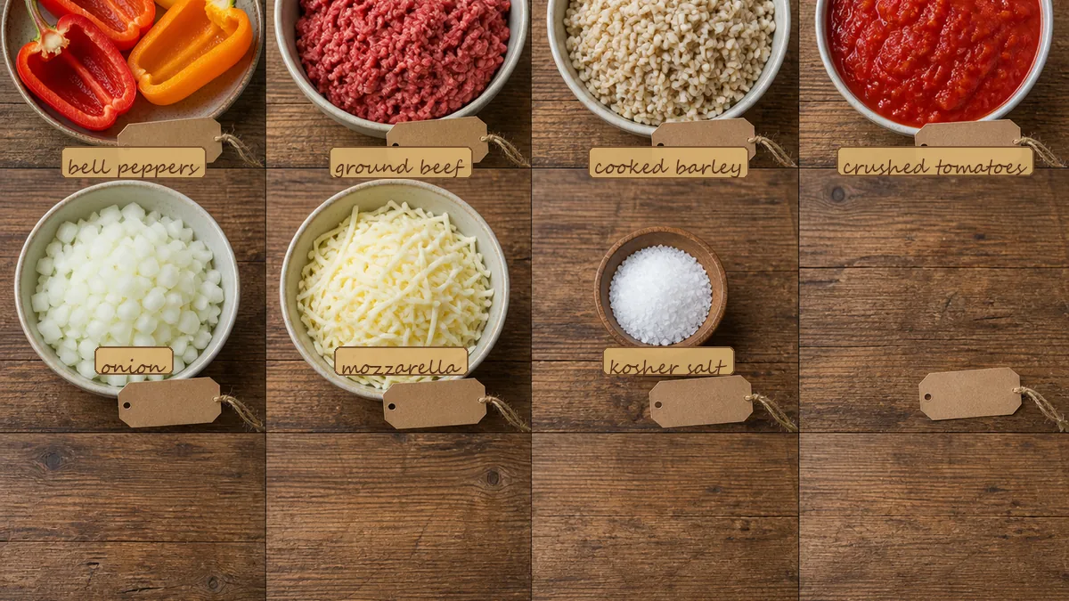 All ingredients for Freezer Beef Barley Stuffed Peppers, labeled