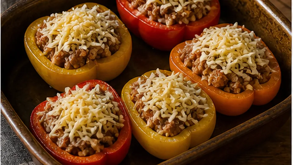 Bake covered then uncovered for Freezer Beef Barley Stuffed Peppers