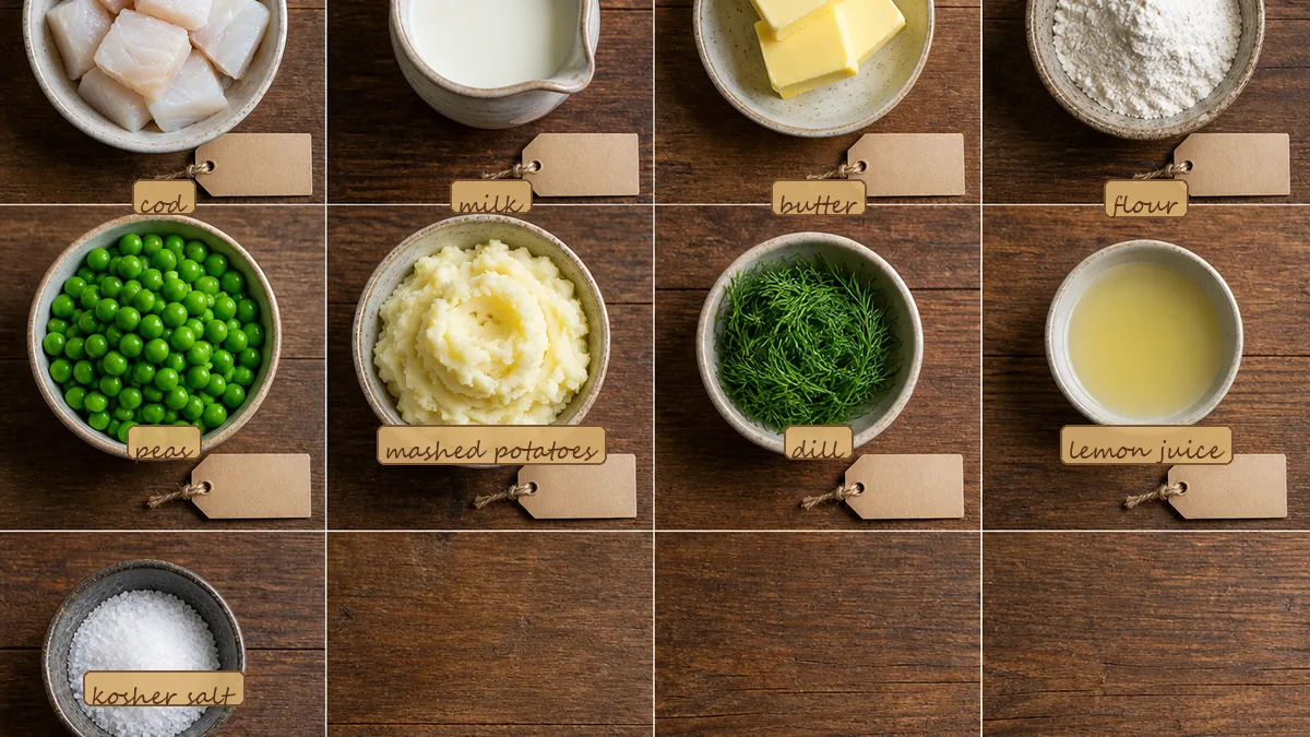 All ingredients for Freezer Lemon Dill Fish Pie, labeled
