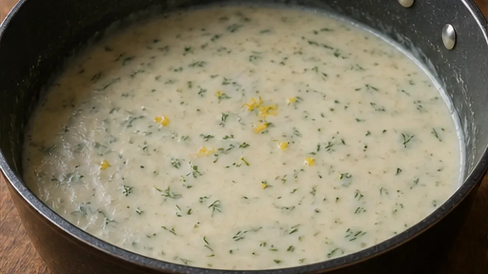 Whisk the milk sauce for Freezer Lemon Dill Fish Pie