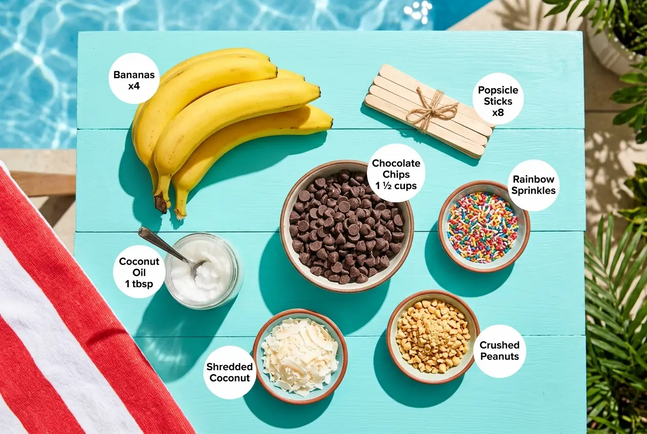 All ingredients for Frozen Chocolate Banana Pops, labeled