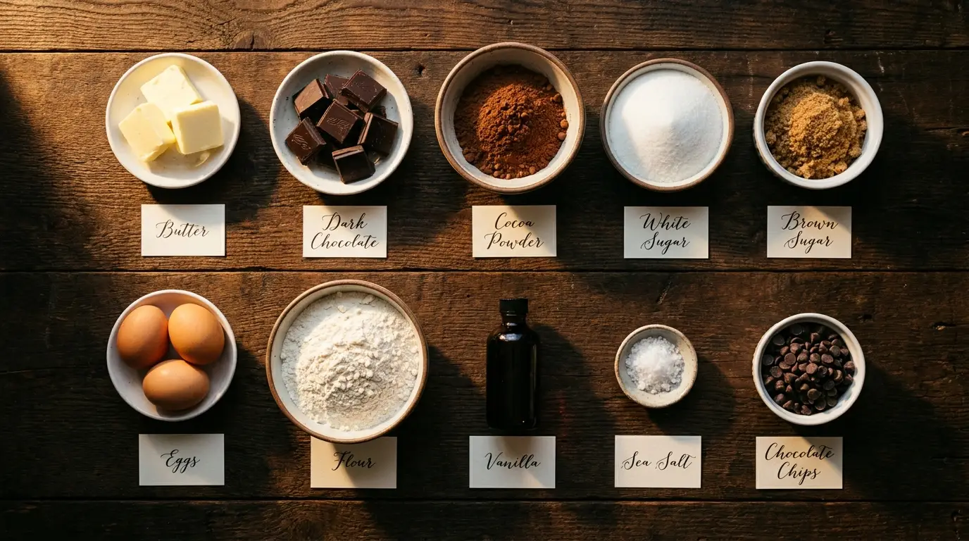 All ingredients for Fudgy One-Bowl Brownies, labeled