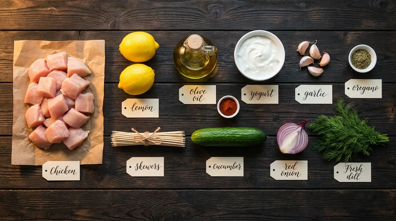 All ingredients for Greek Lemon Chicken Skewers, labeled