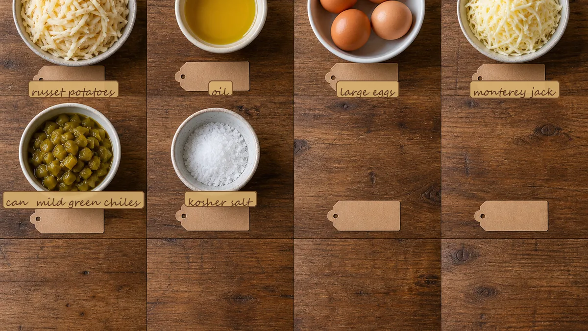 All ingredients for Green Chile Potato Brunch Cups, labeled