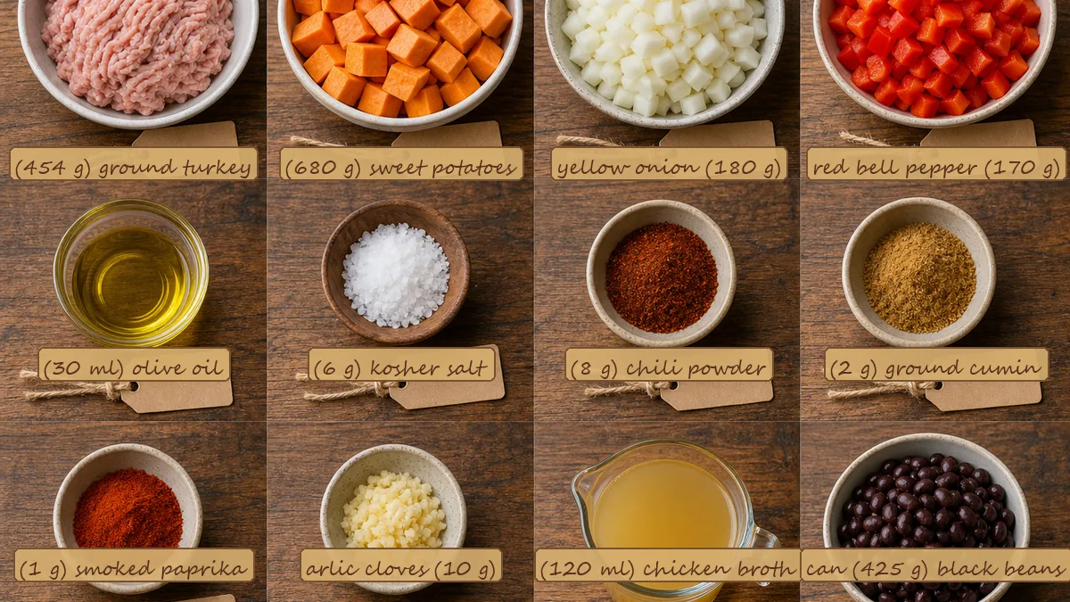 All ingredients for Ground Turkey Sweet Potato Skillet, labeled