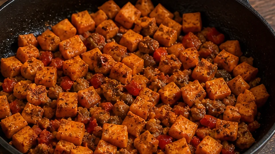 Coat the cubes in spice for Ground Turkey Sweet Potato Skillet