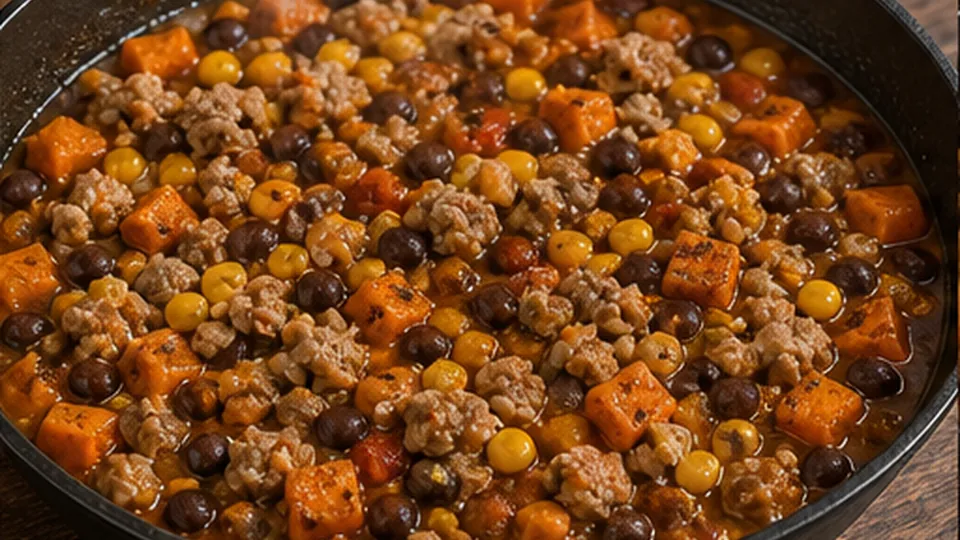 Return turkey, beans, and corn for Ground Turkey Sweet Potato Skillet