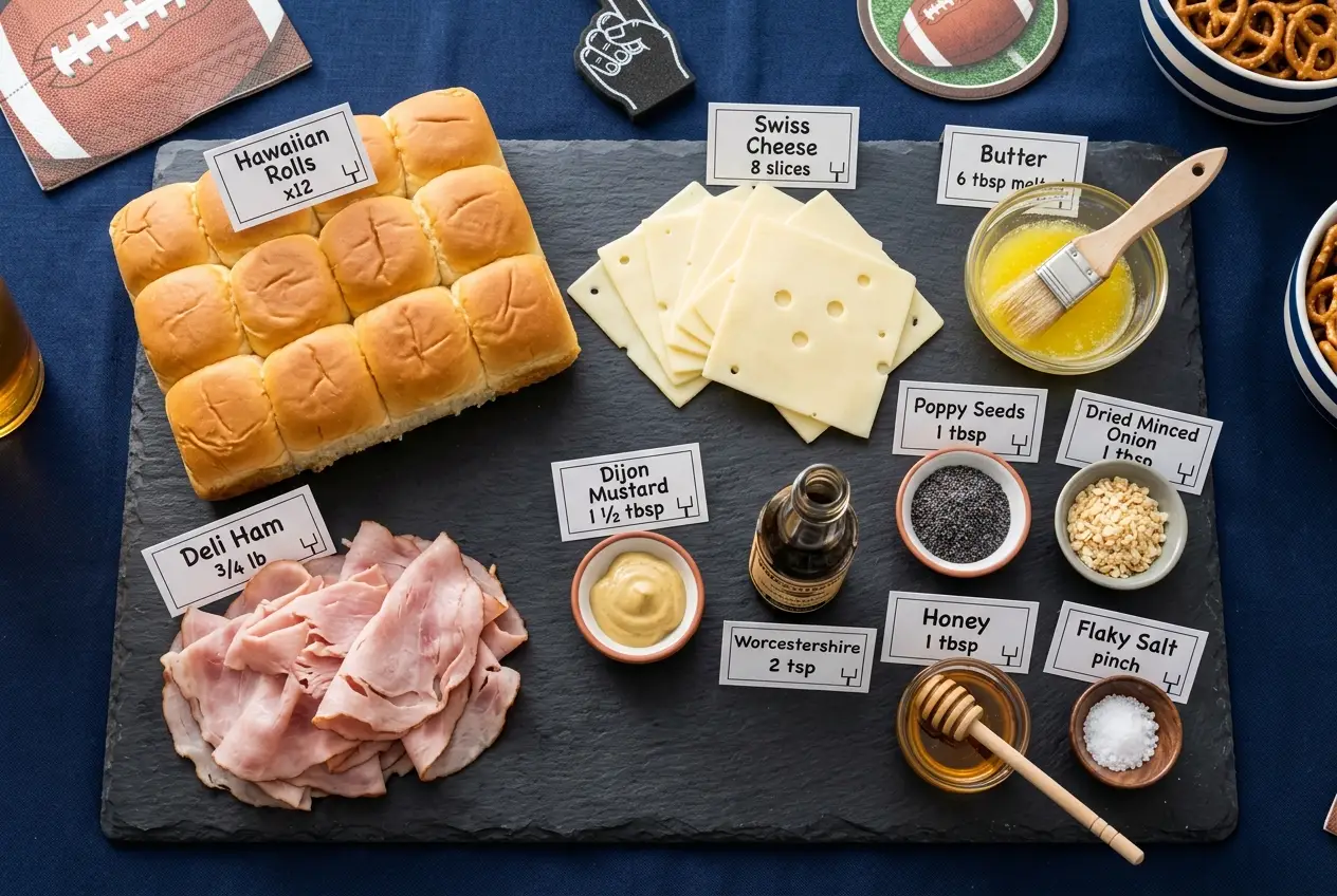 All ingredients for Ham and Cheese Sliders, labeled