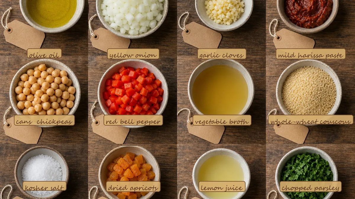 All ingredients for Harissa Chickpea Couscous Skillet, labeled