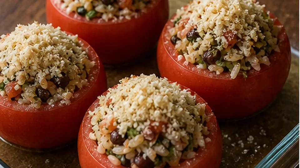 Fill and crown with panko for Herbed Rice Stuffed Tomatoes