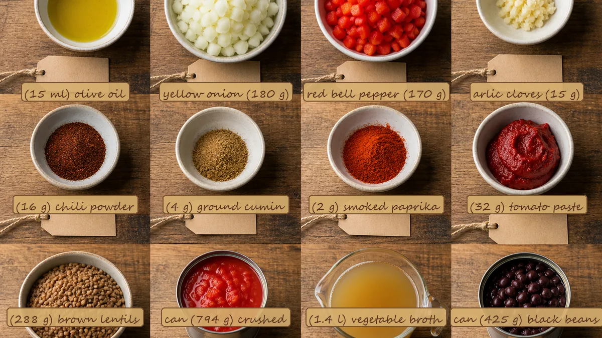 All ingredients for High-Fiber Lentil Taco Soup, labeled