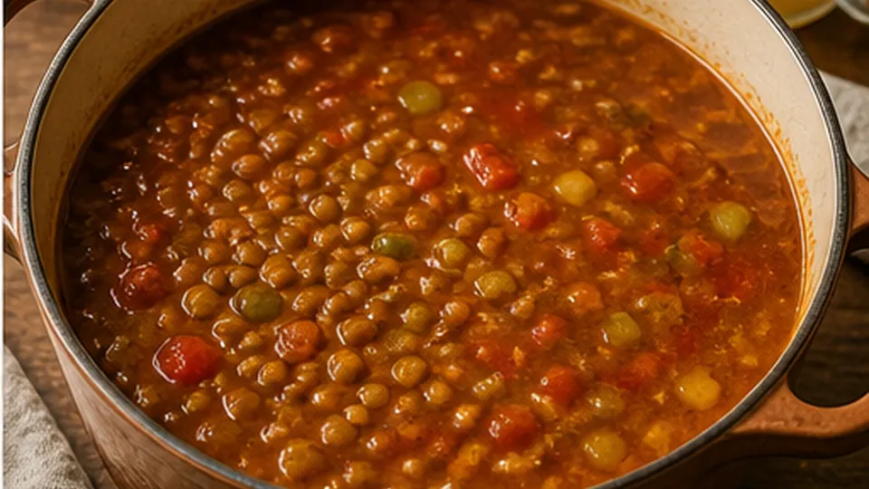 Simmer lentils in tomato for High-Fiber Lentil Taco Soup